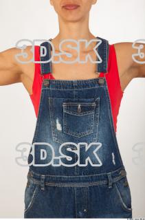 Upper body modeling pose blue jeans red singlet of Rebecca…